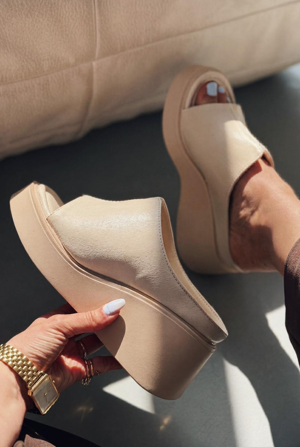 Torvyn Beige Faux Leather Women's Wedge Heel Mules