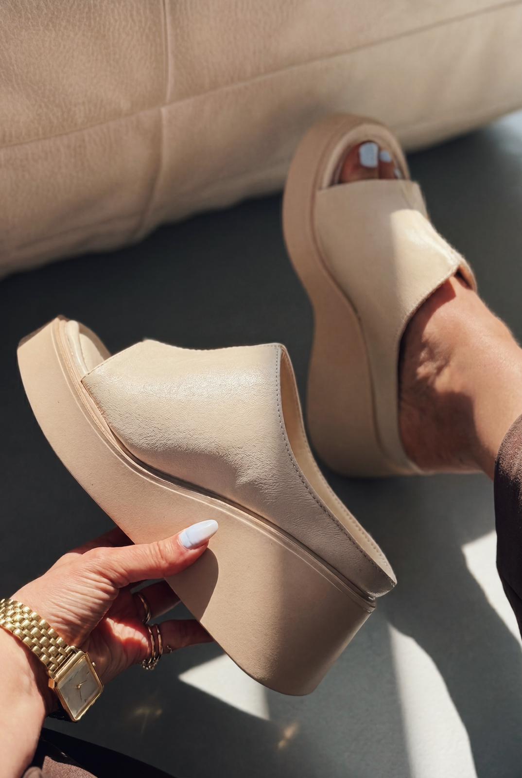 Torvyn Beige Faux Leather Women's Wedge Heel Mules