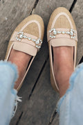 Pore Beige Raffia Stone Detail Women's Loafers