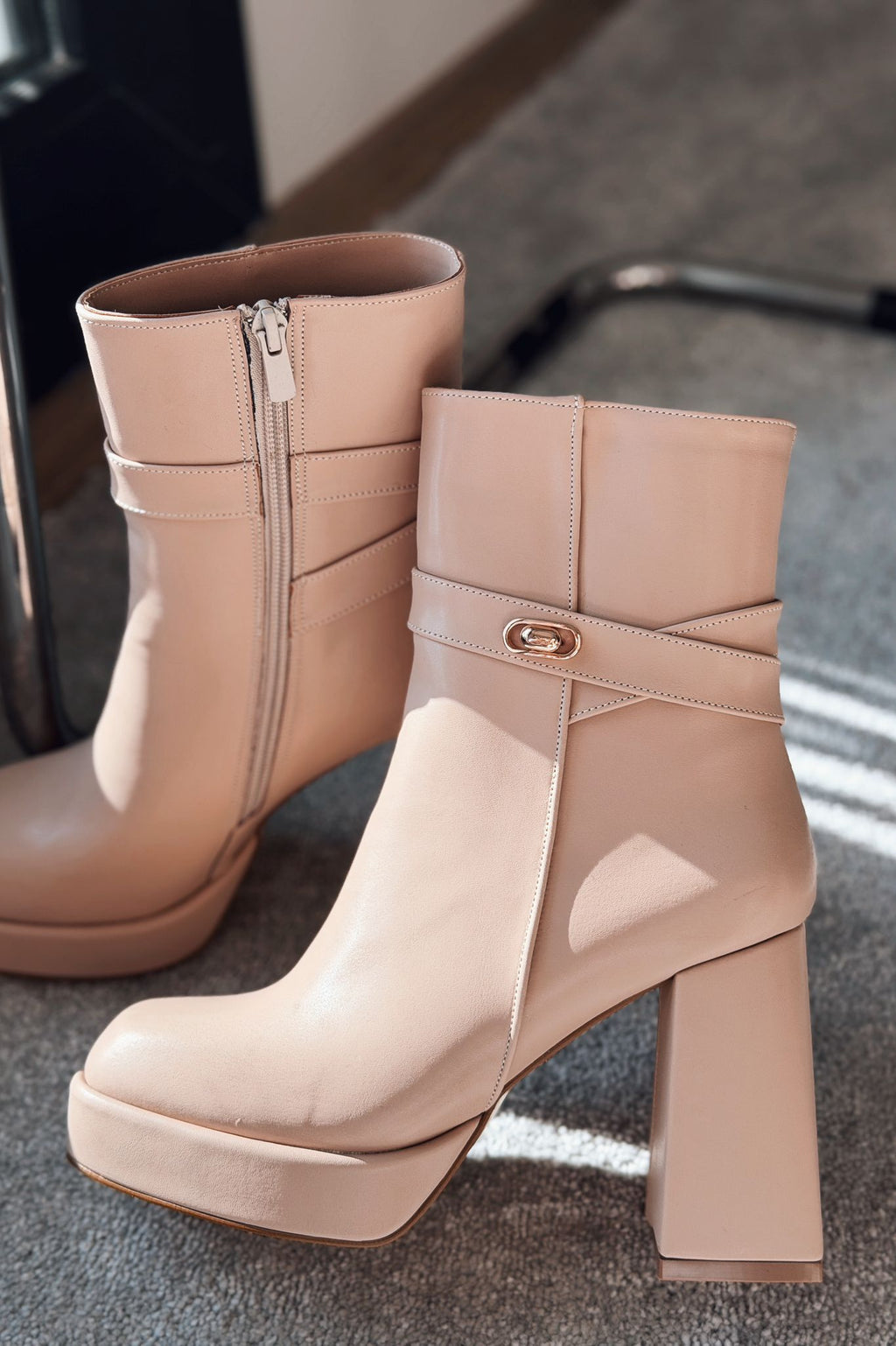 Xeniar Beige Faux Leather Platform Pumps with Zipper & Buckle Women's Boots