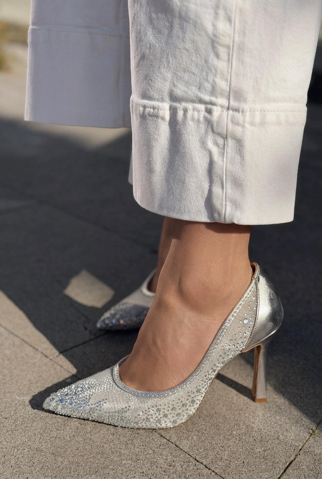 Arivelle Silver Rhinestone Textile Women's Stilettos