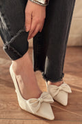 Odrin Beige Bow Detail Faux Leather Women's Stilettos
