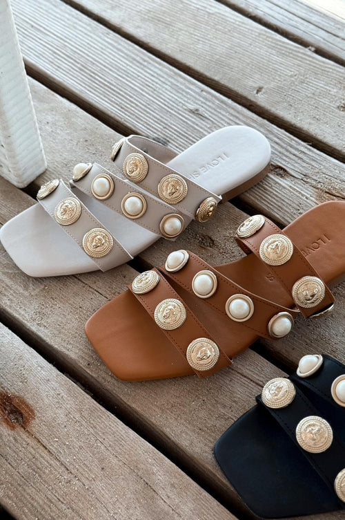 Ceylor Beige Faux Leather Buckle Detail Women's Slides