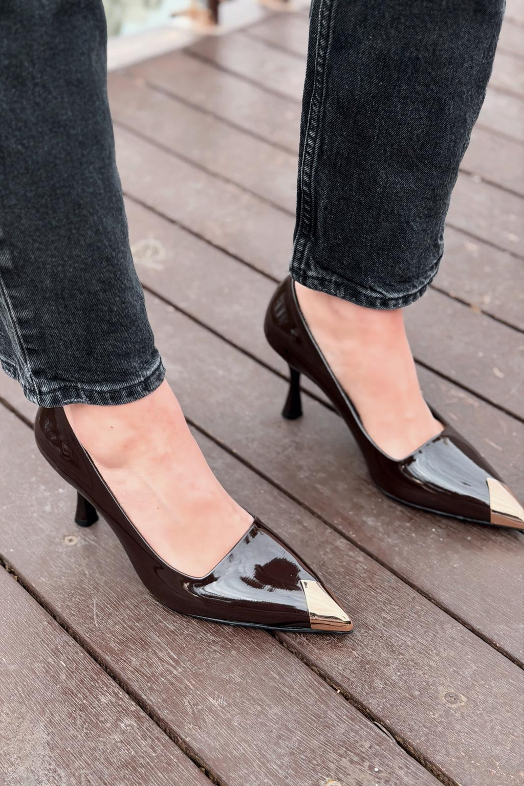 Caligo Light Brown Patent Faux Leather Women's Stilettos