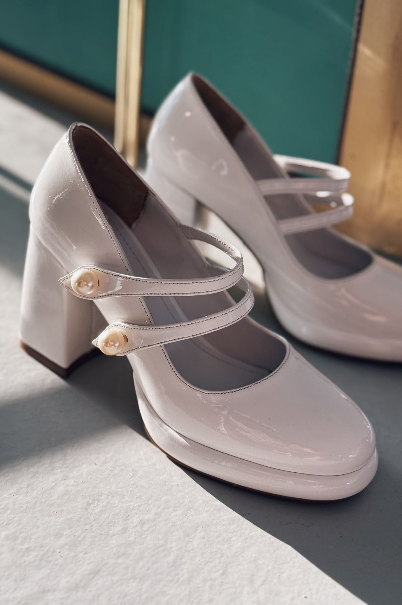 Negso Pearl Detail White Patent Faux Leather Women's Mary Jane