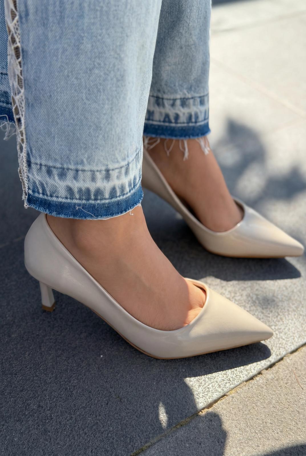 Delvion Beige Patent Faux Leather Women's Stilettos