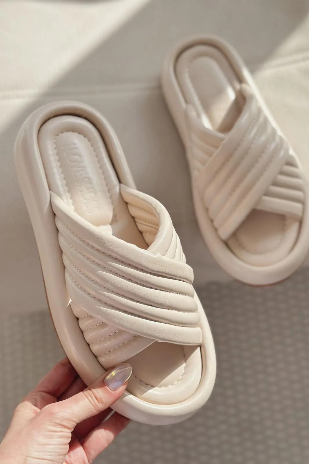 Zayten Beige Faux Leather Women's Cross-Strap Slides