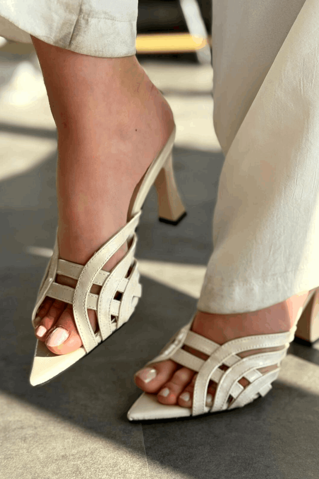Lumon Patent Faux Leather Beige Strap Detail Pumps