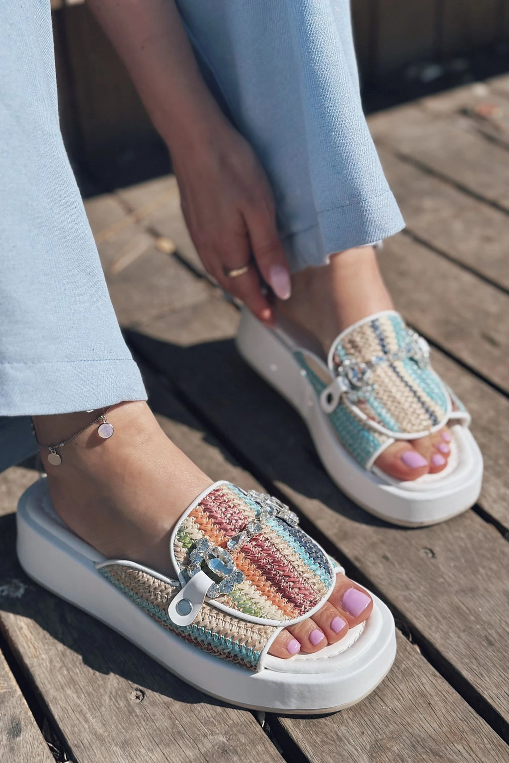 Nilossa White Faux Leather Stone Detail Women's Slides
