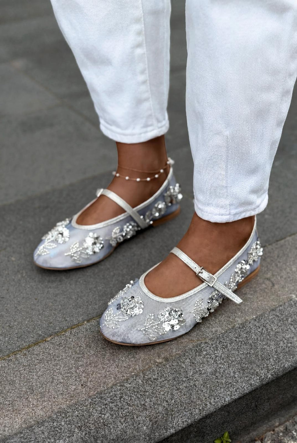 Telora Silver Embroidered Women's Flats