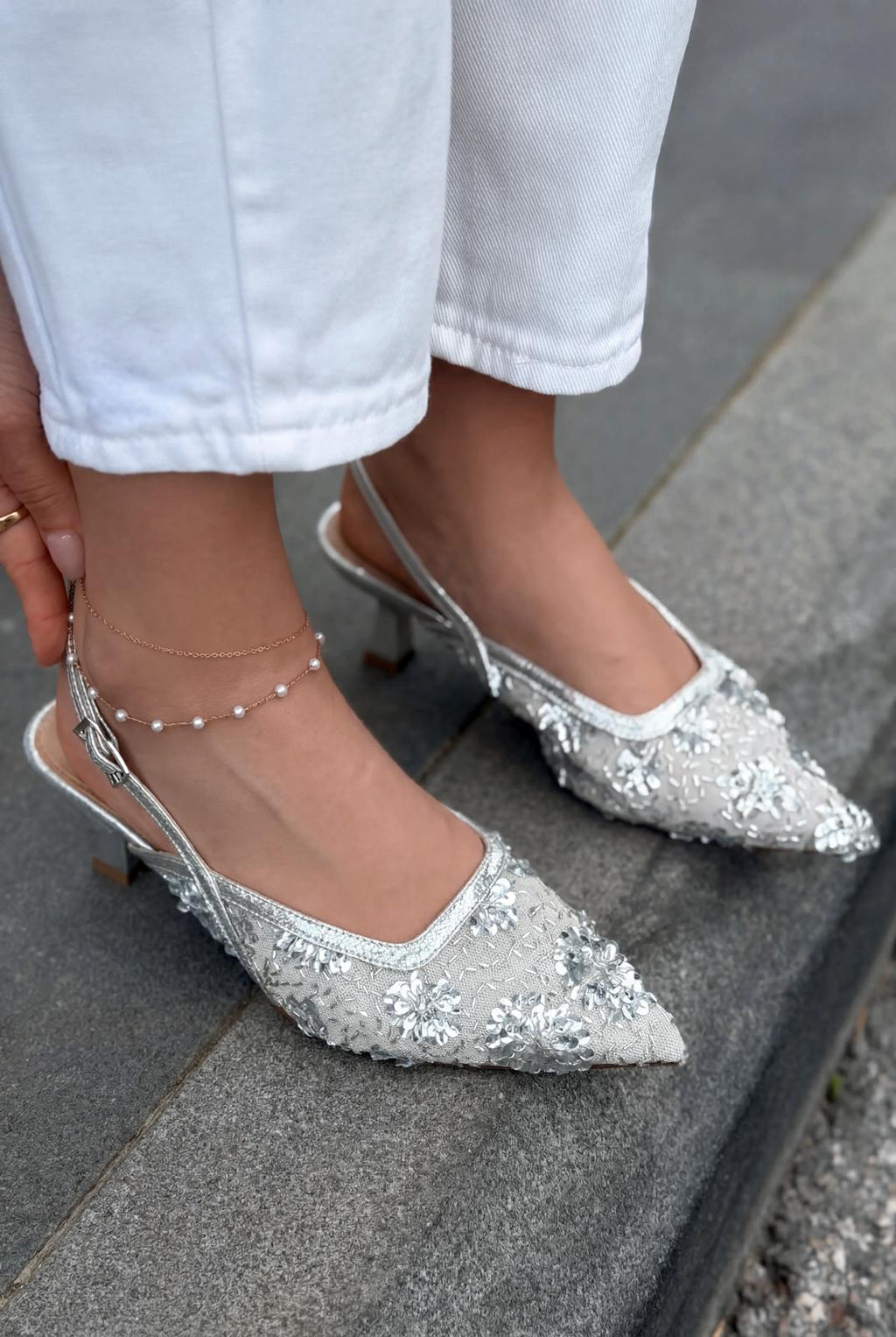 Serona Silver Embroidered Women's Stilettos