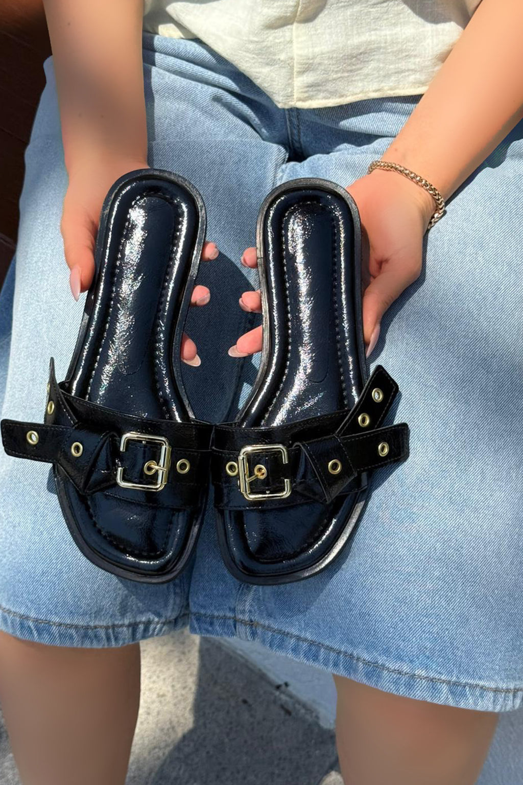 Samaris Black Patent Faux Leather Buckle Detail Women's Slides
