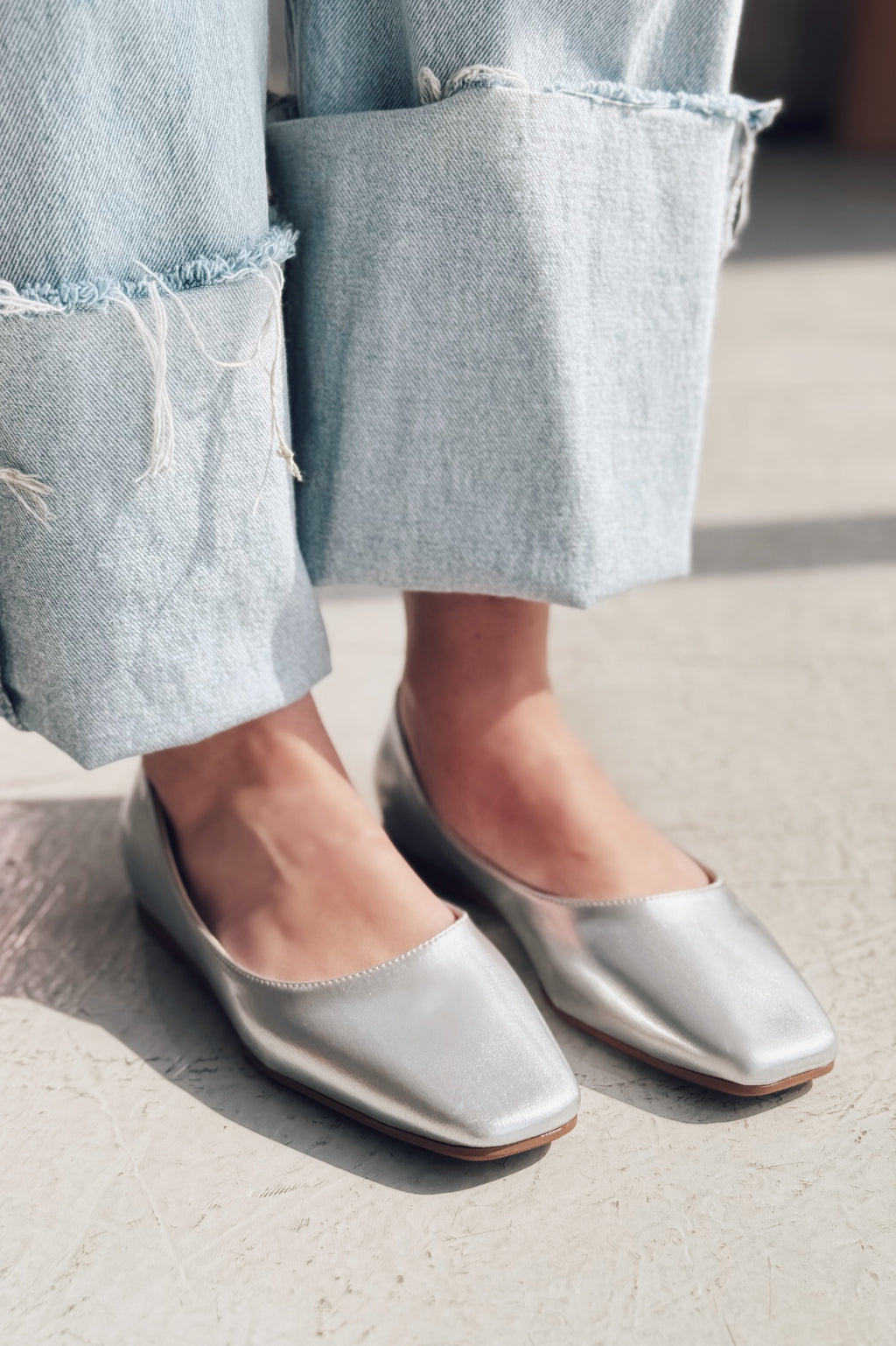 Canris Silver Faux Leather Women's Square Toe Mary Jane Flats