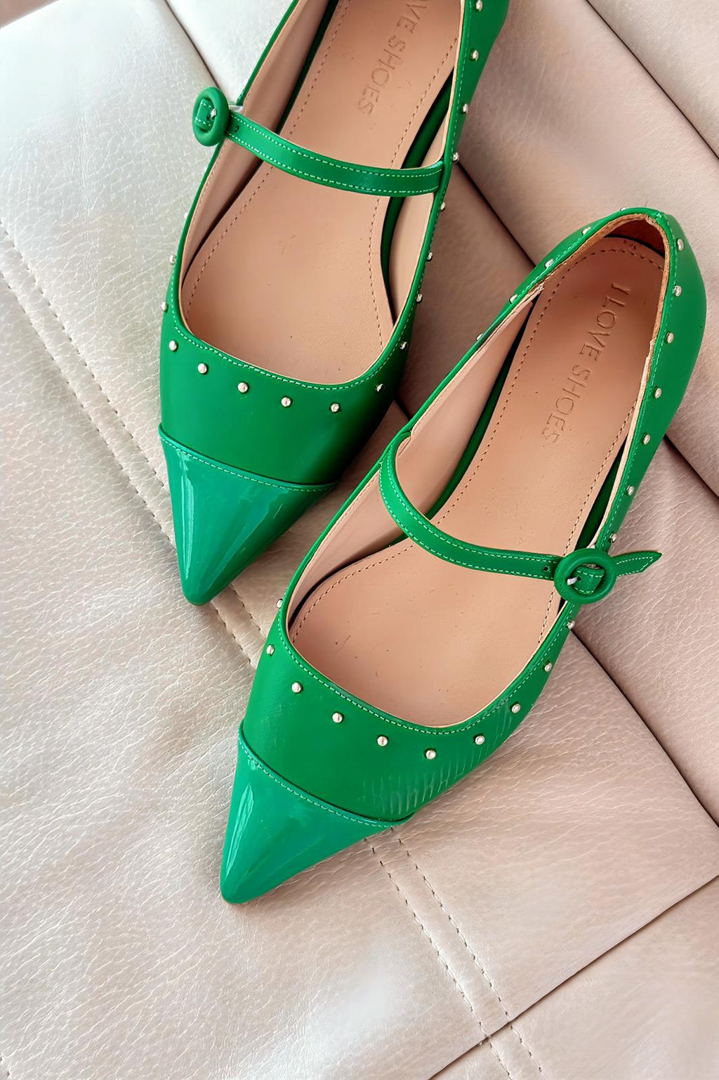 Panilo Green Faux Leather Studded Women's Flats