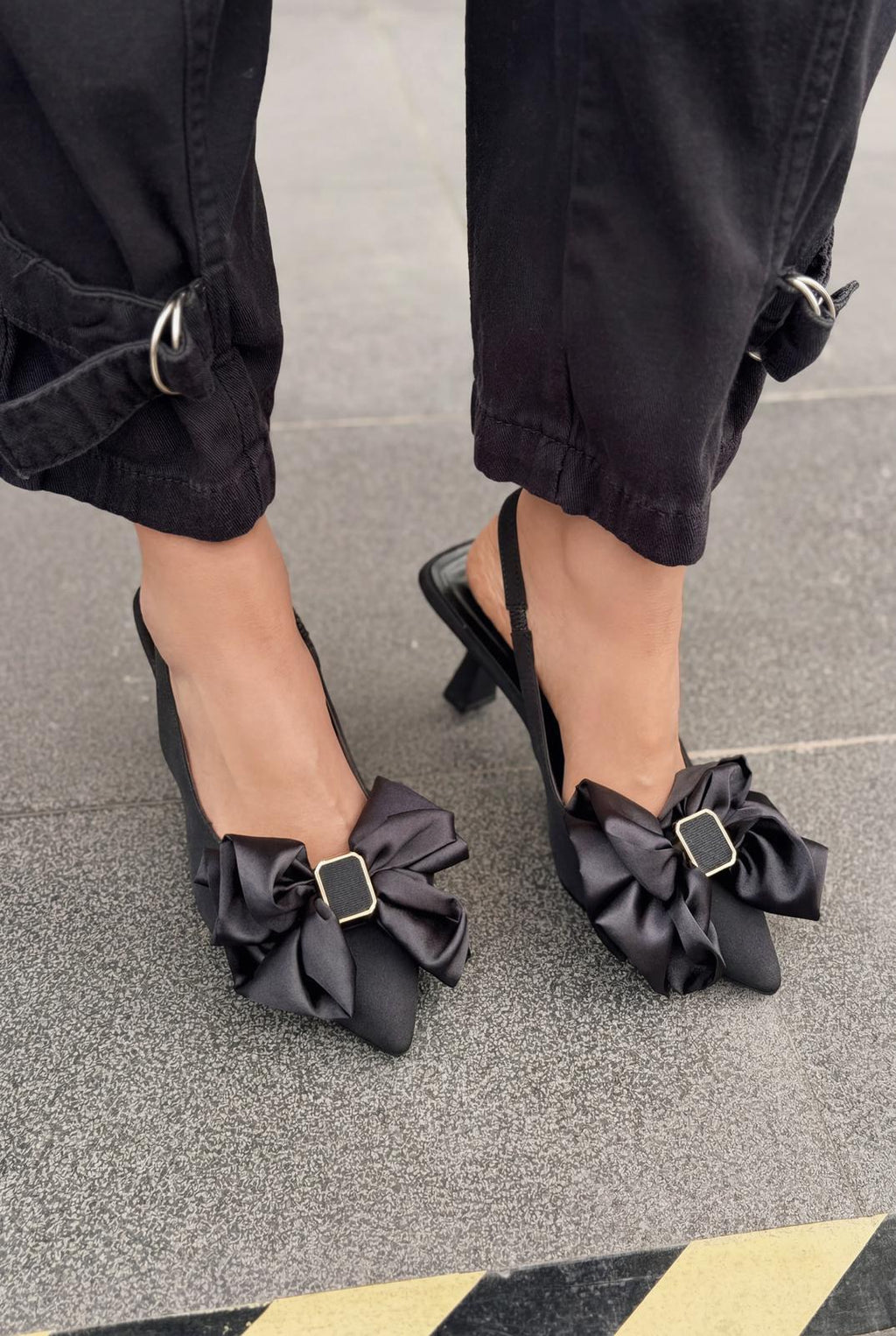 Velune Black Bow Detail Satin Women's Stilettos