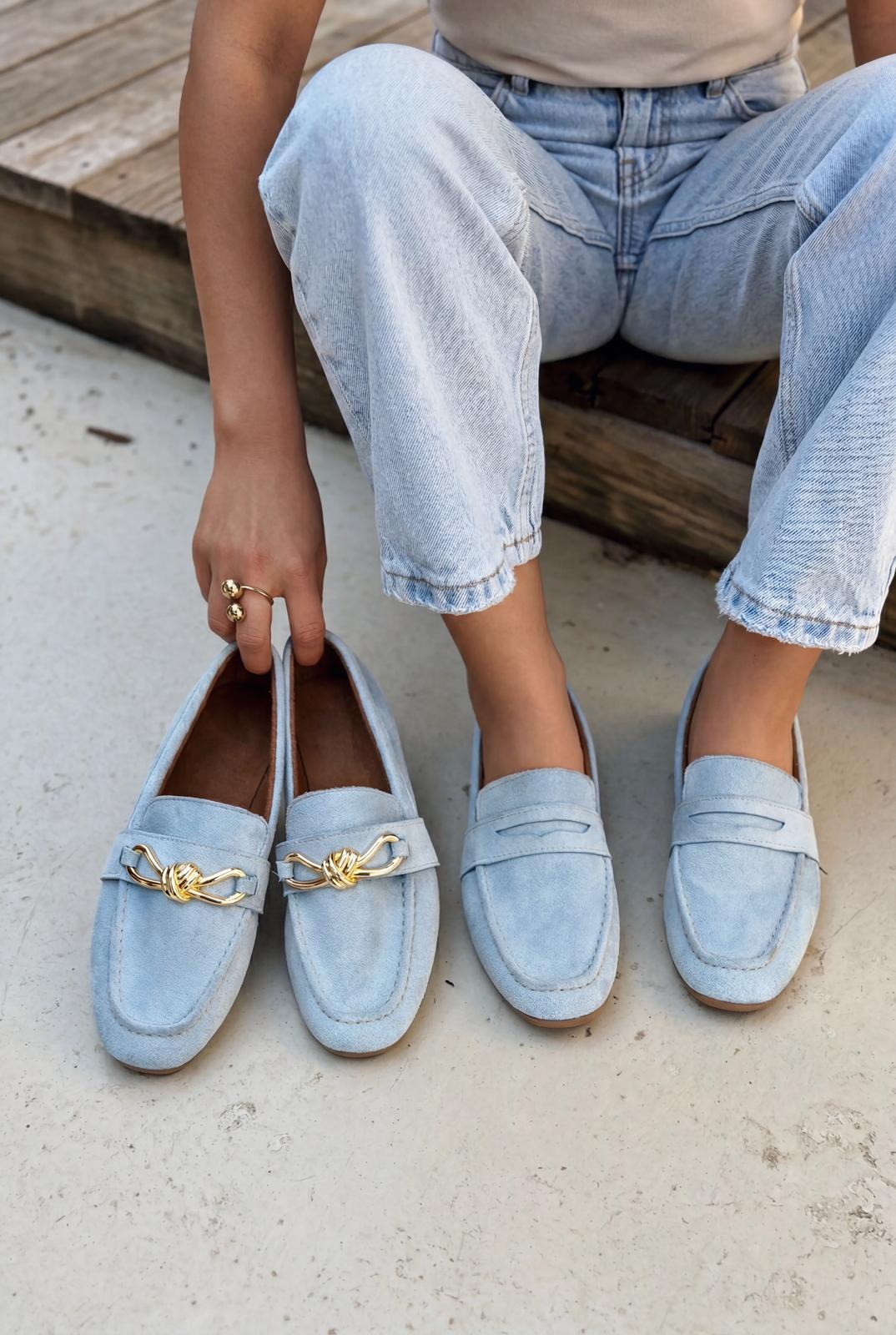 Avelis Baby Blue Suede Bow Detail Women's Loafers