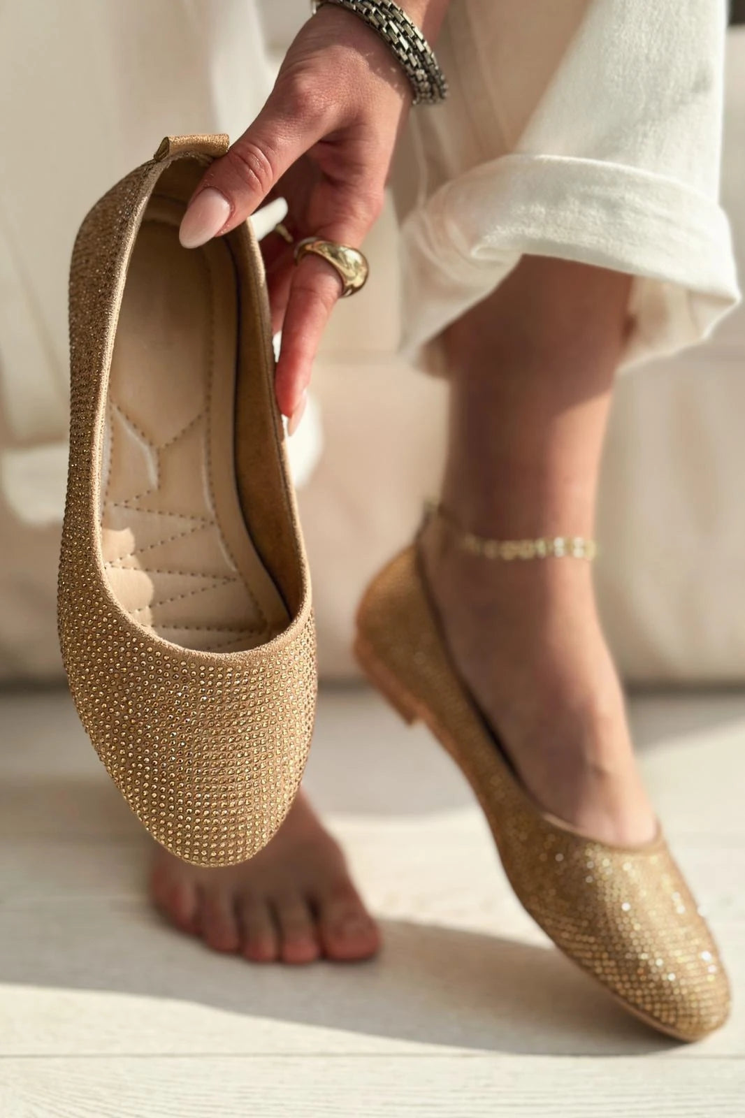 Lodiya Beige Satin Stone-Embellished Women's Flats