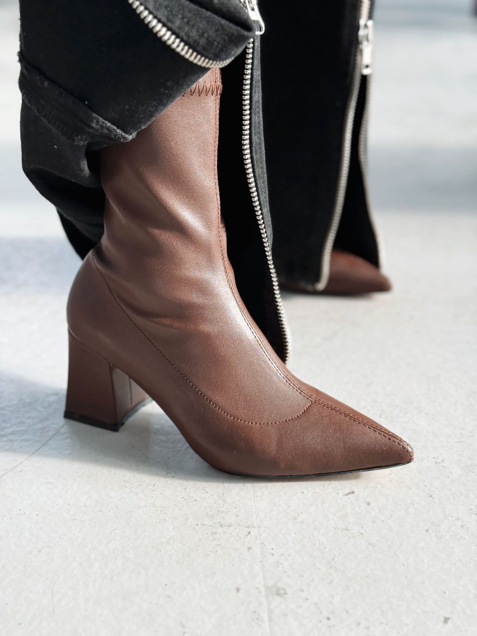 Nysea Brown Faux Leather Women's Stretch Pumps Boots