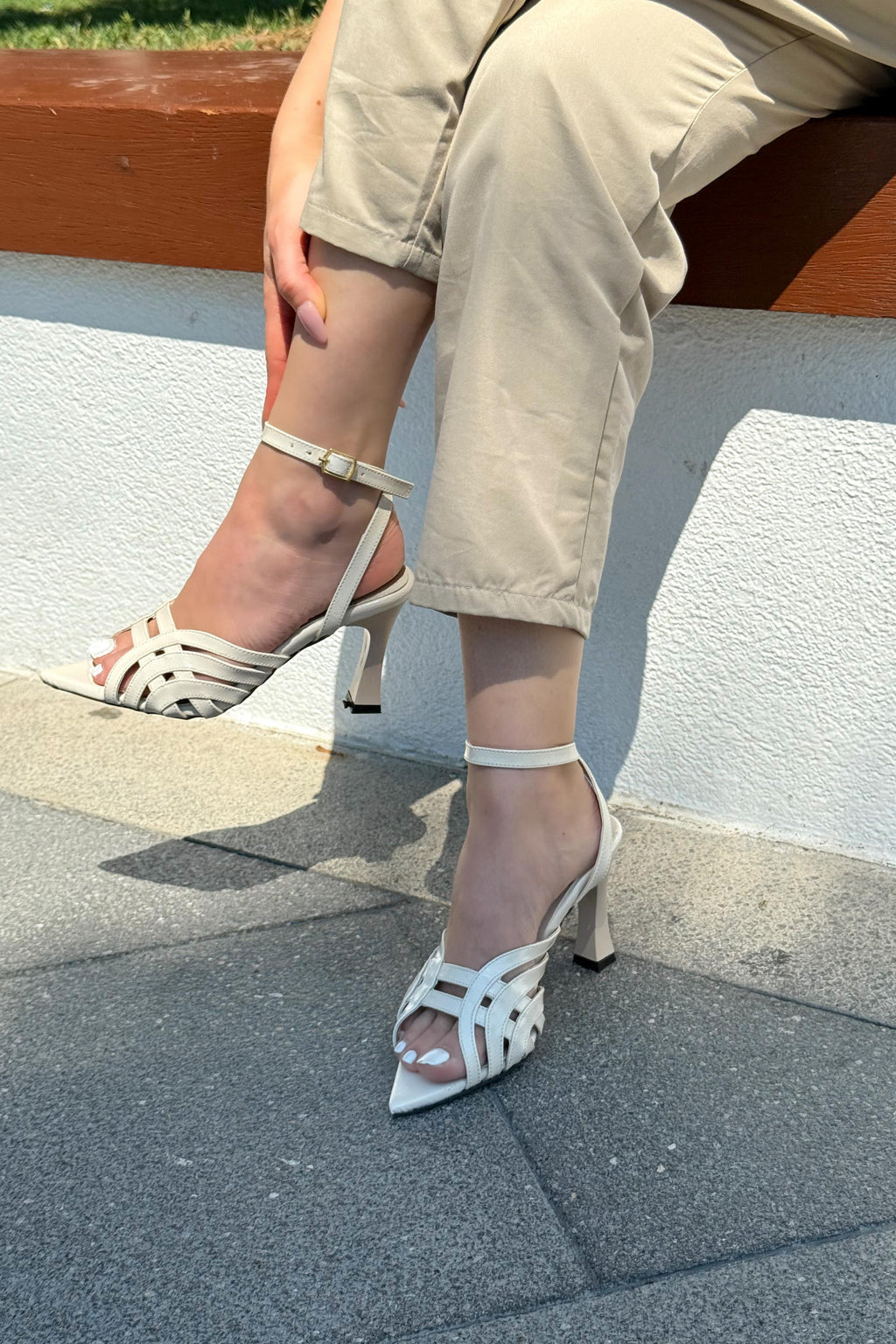 Ronel Beige Strap Detail Patent Faux Leather Women's Pumps