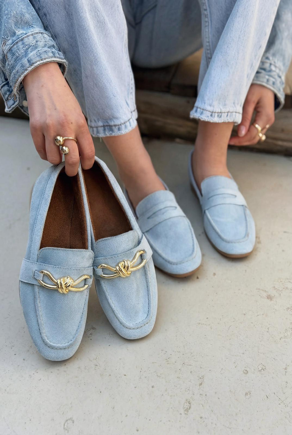 Avelis Baby Blue Suede Bow Detail Women's Loafers