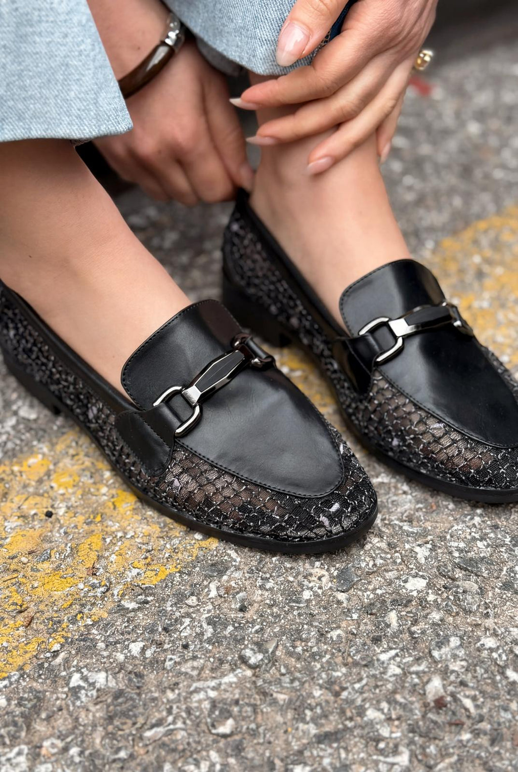 Delter Black Faux Leather Mesh Women's Loafers