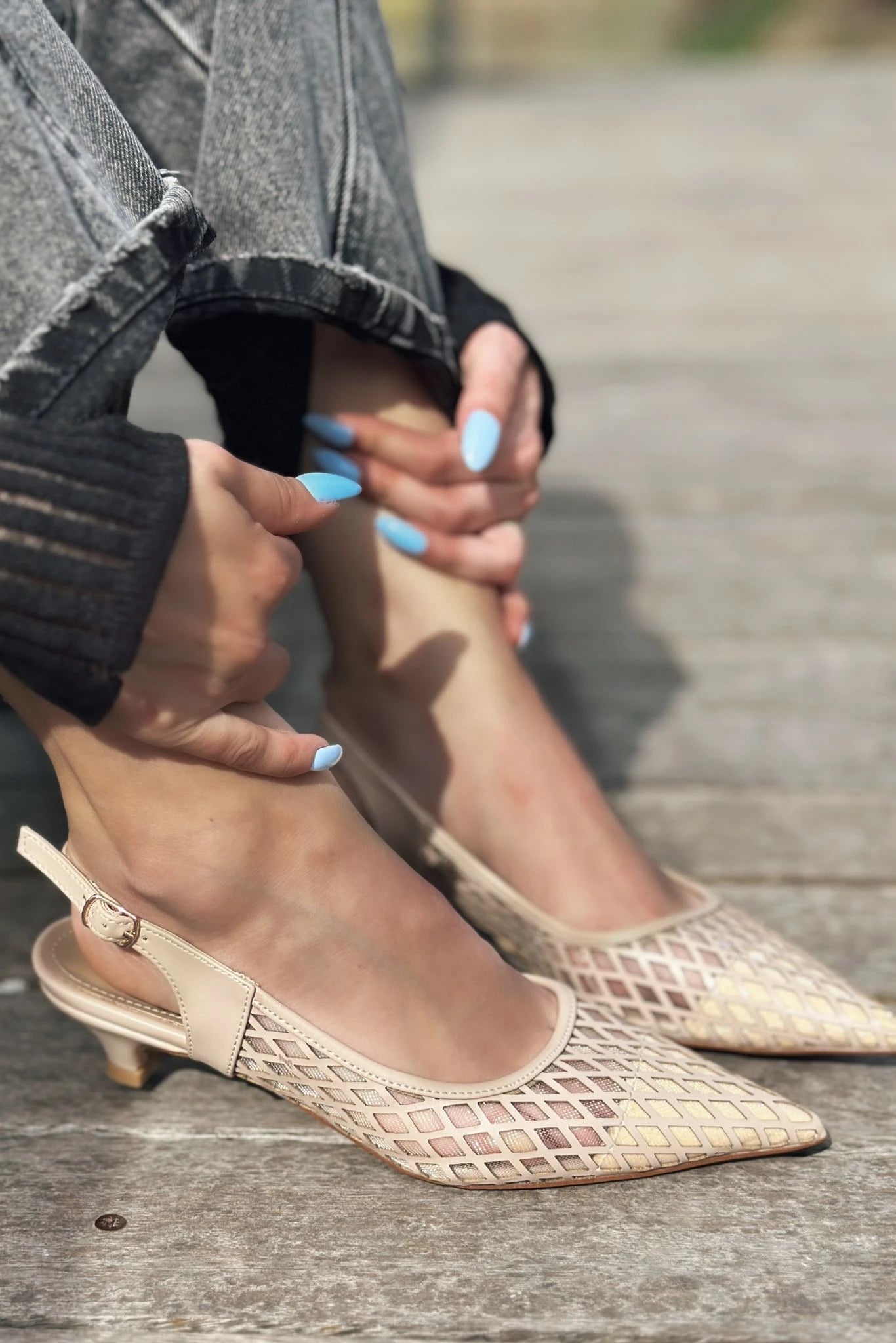 Talin Nude Faux Leather Mesh Detail Women's Low Heel Stilettos
