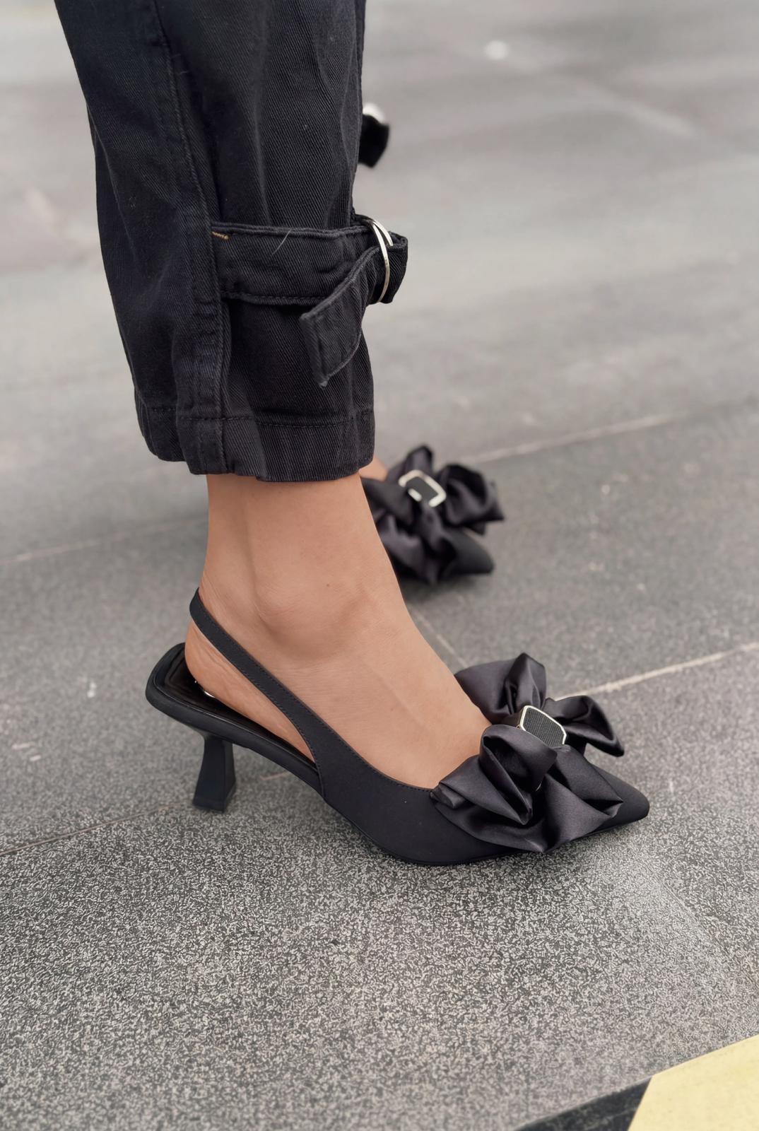 Velune Black Bow Detail Satin Women's Stilettos
