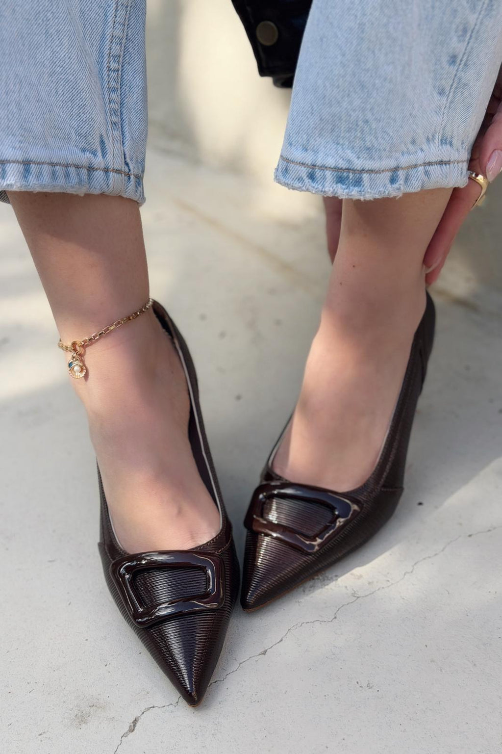 Finrel Light Brown Patent Faux Leather Women's Stilettos