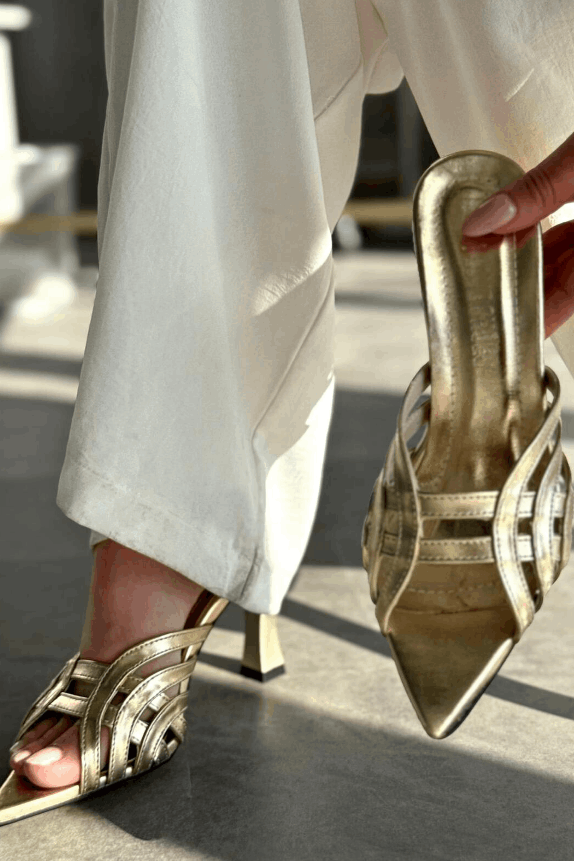 Lumon Gold Patent Faux Leather Strap Detail Pumps