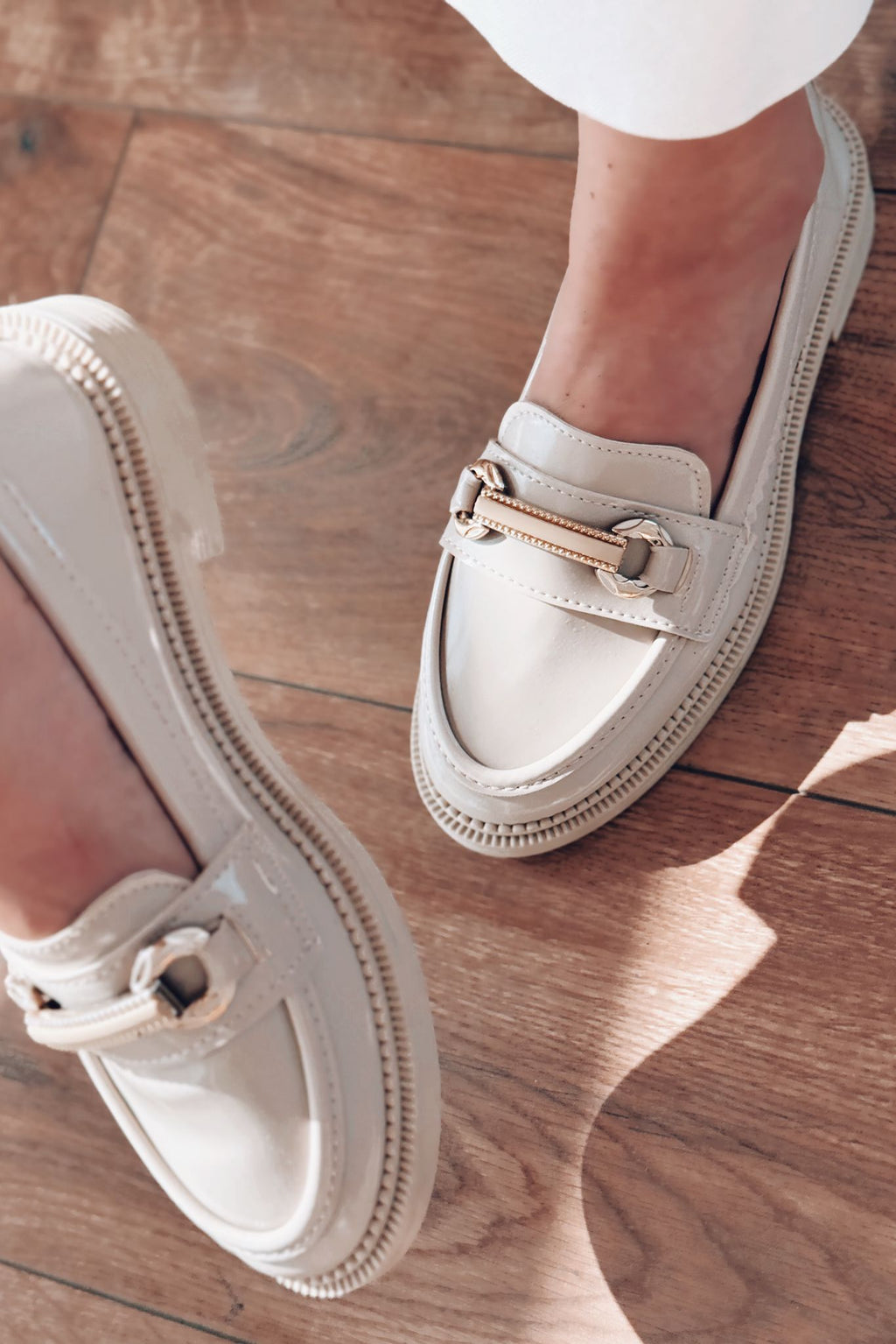 Duvra Beige Patent Faux Leather Gold Buckle Detail Women's Loafers