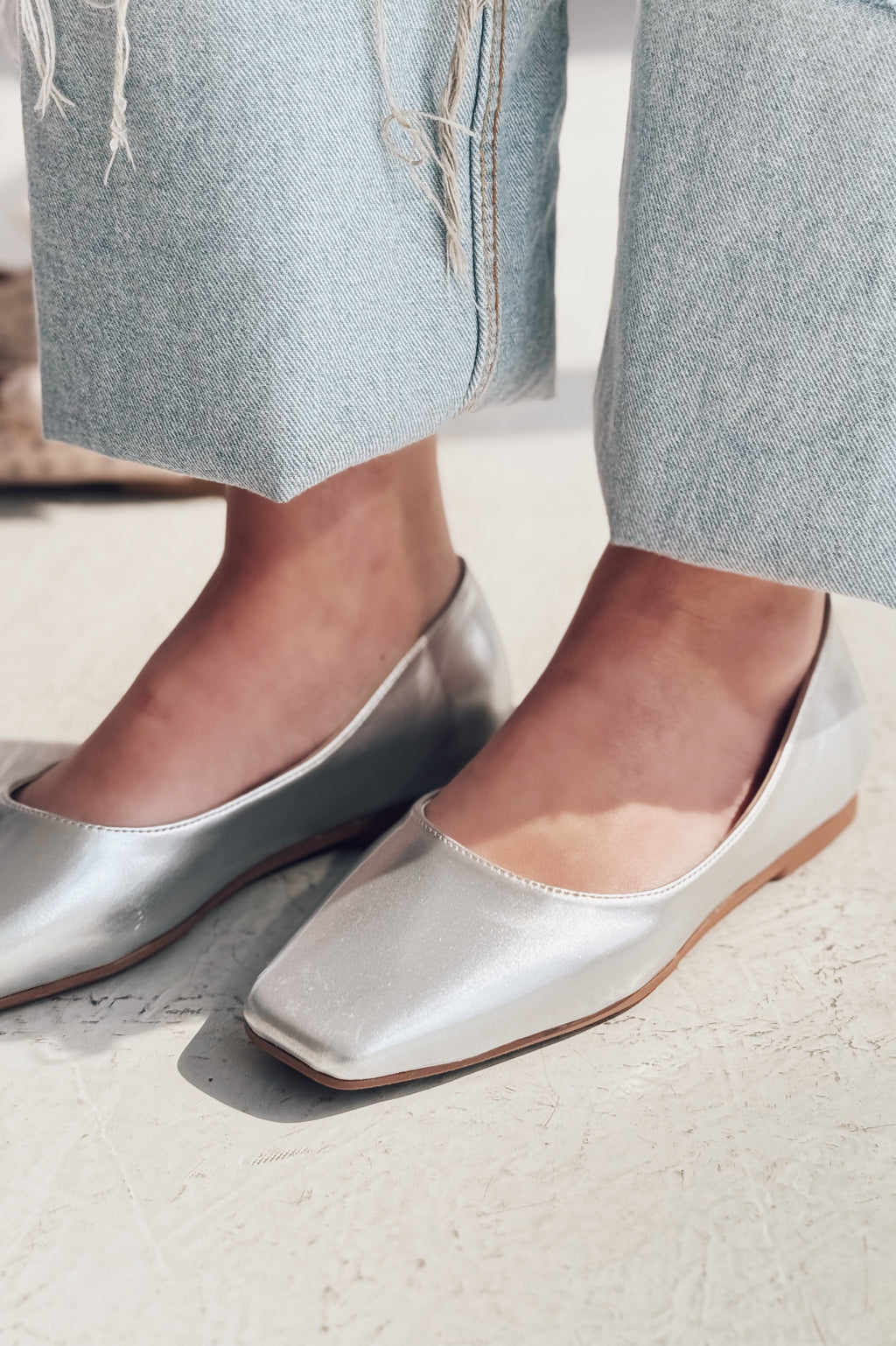 Canris Silver Faux Leather Women's Square Toe Mary Jane Flats