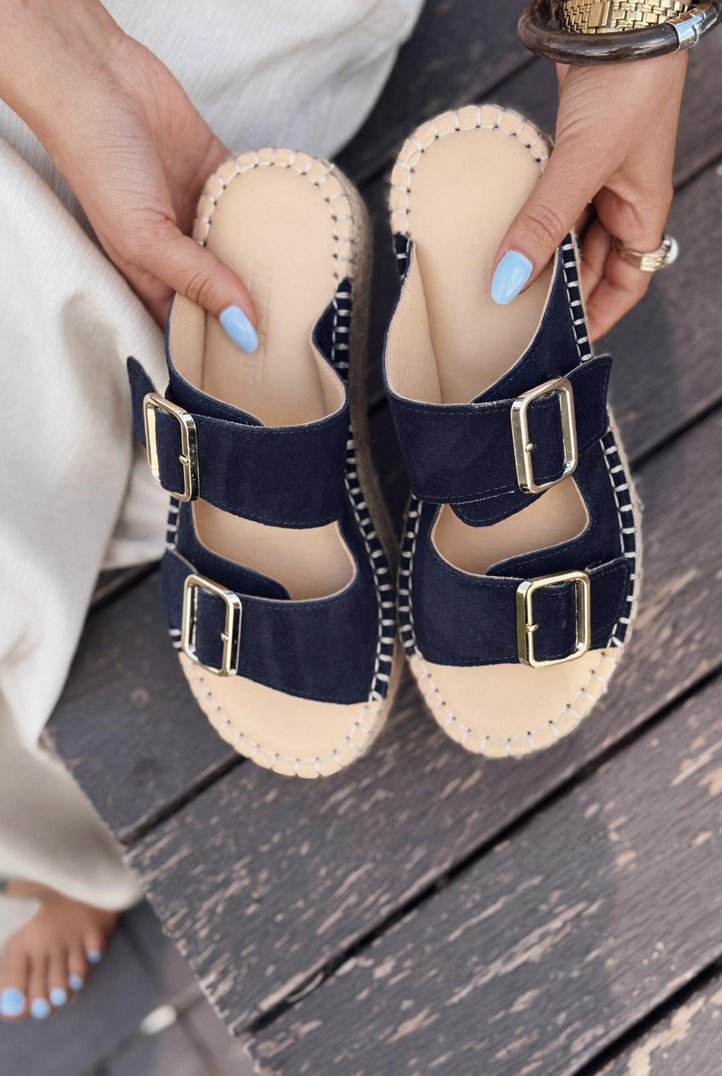Serinel Navy Genuine Suede Women's Wedge Heel Mules