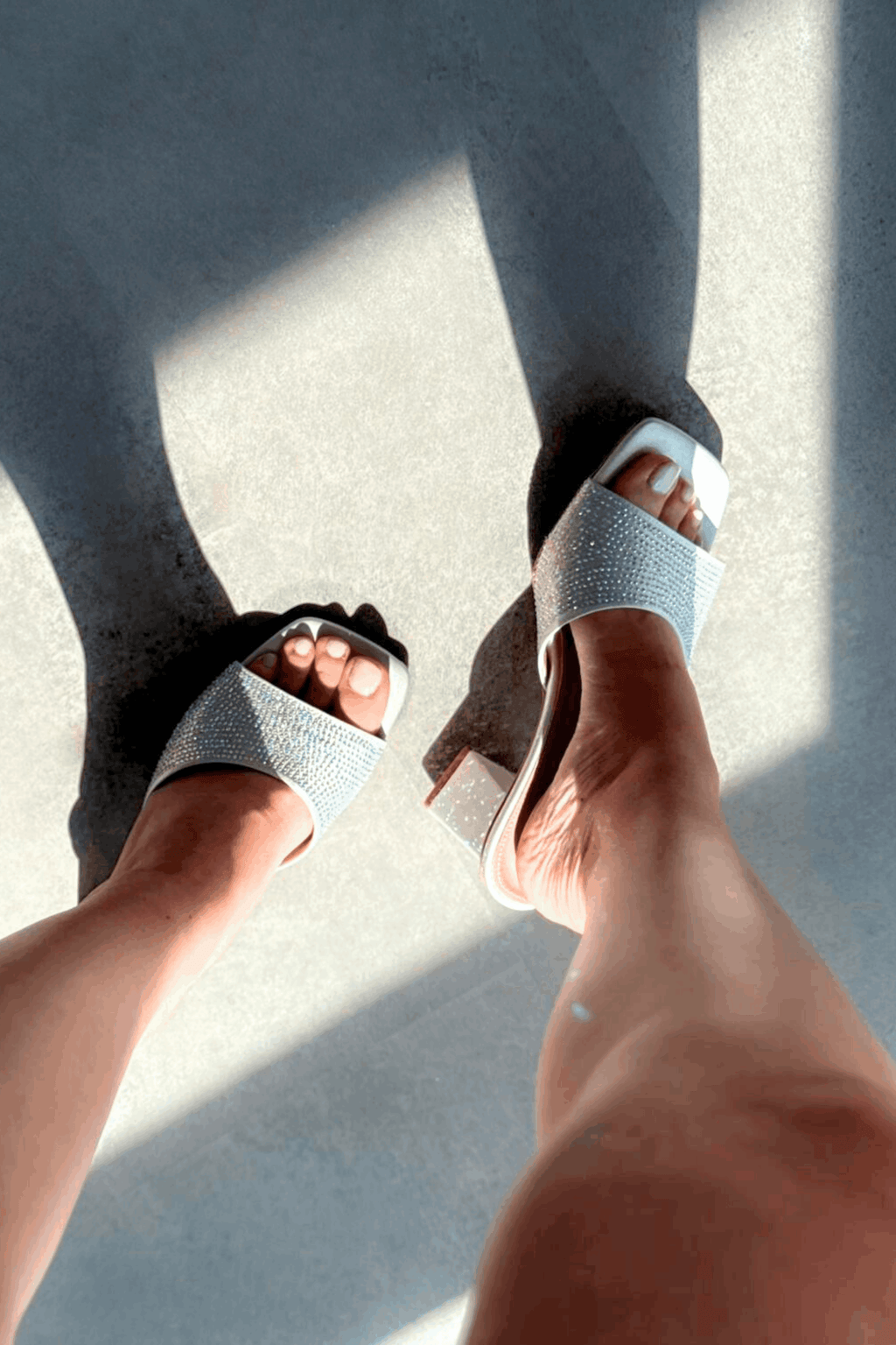 Norma Satin Silver Rhinestone Block Heel Mules