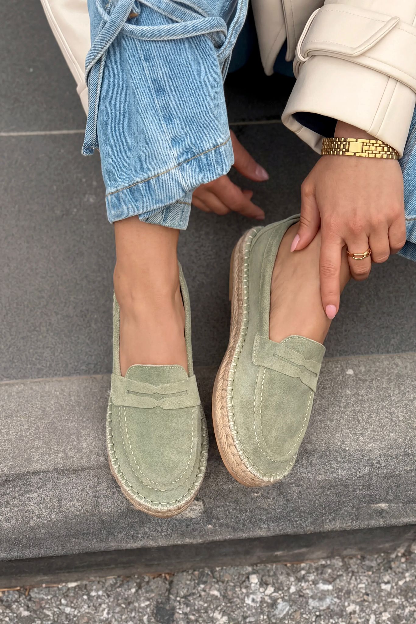 Celure Mint Green Genuine Suede Women's Espadrille Loafers