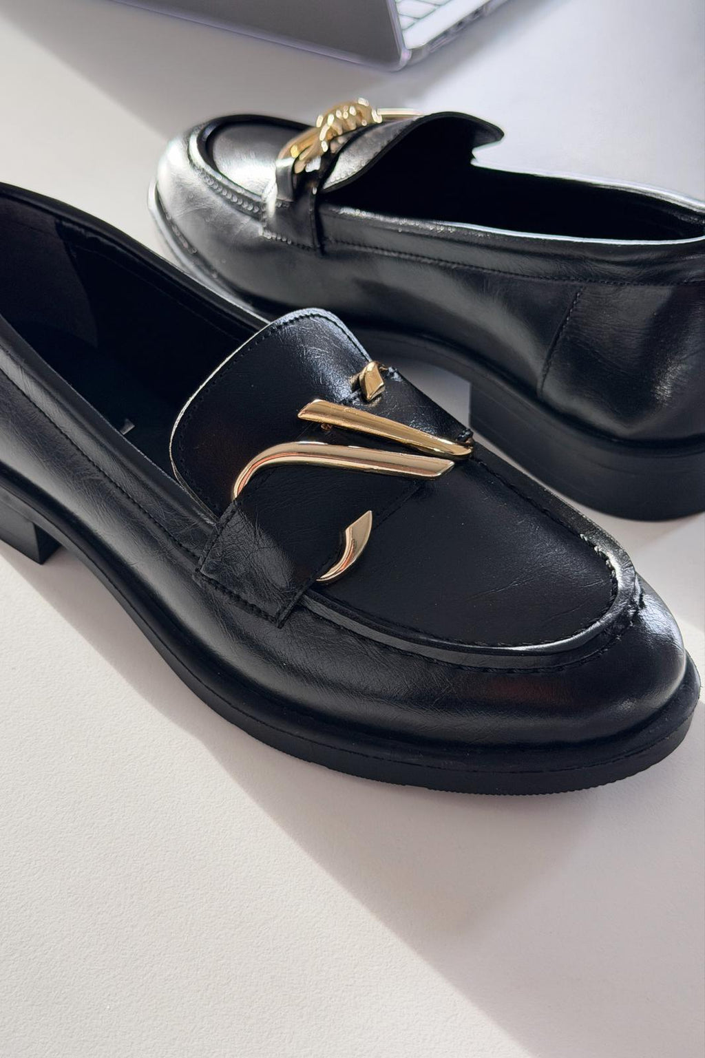 Vantor Black Faux Leather Buckle Detail Women's Loafers