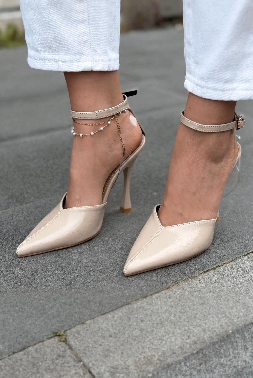 Rovire Beige Crinkled Patent Faux Leather Women's Stilettos