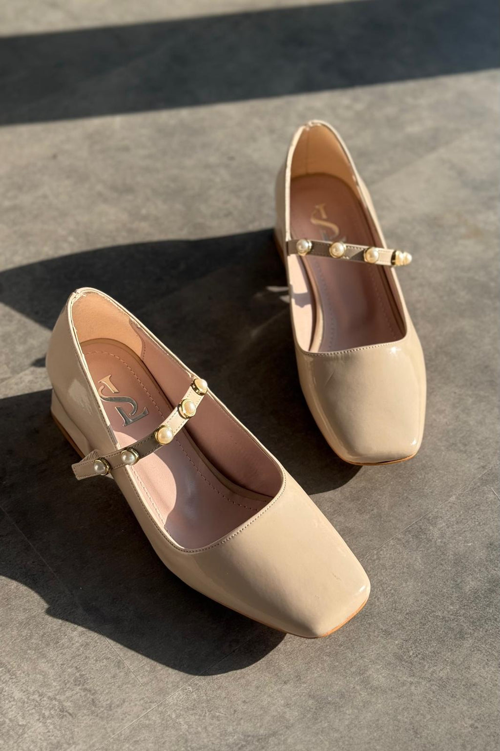 Myrel Beige Pearl Detail Patent Faux Leather Women's Mary Jane