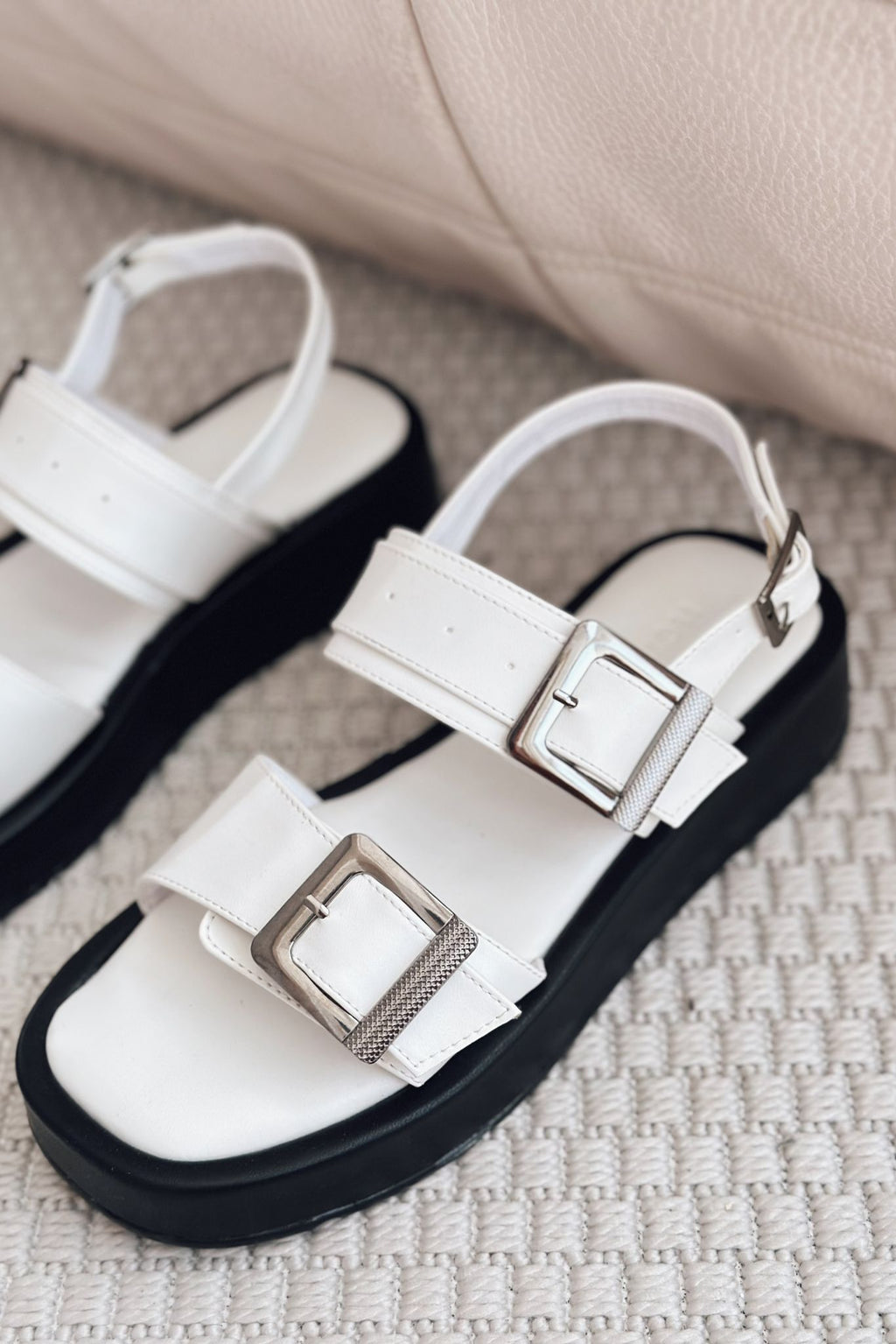 Perina White Faux Leather Buckle Detail Women's Sandals