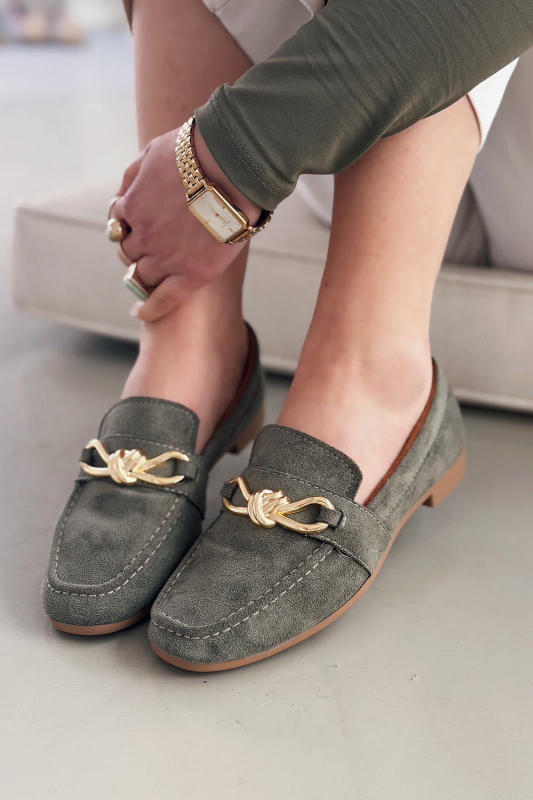 Avelis Khaki Suede Bow Detail Women's Loafers