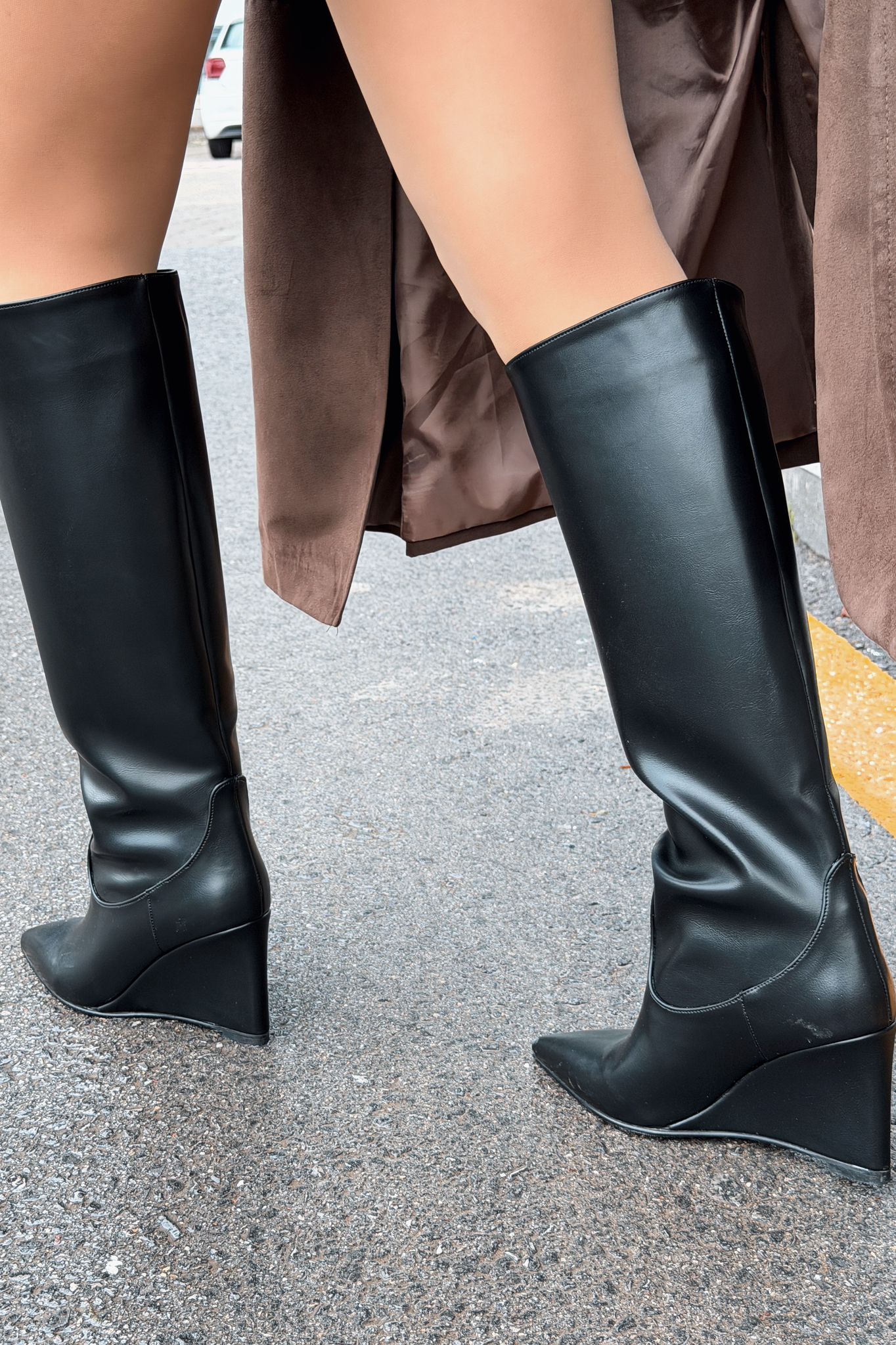 Ravita Black Faux Leather Wedge Heel Boots