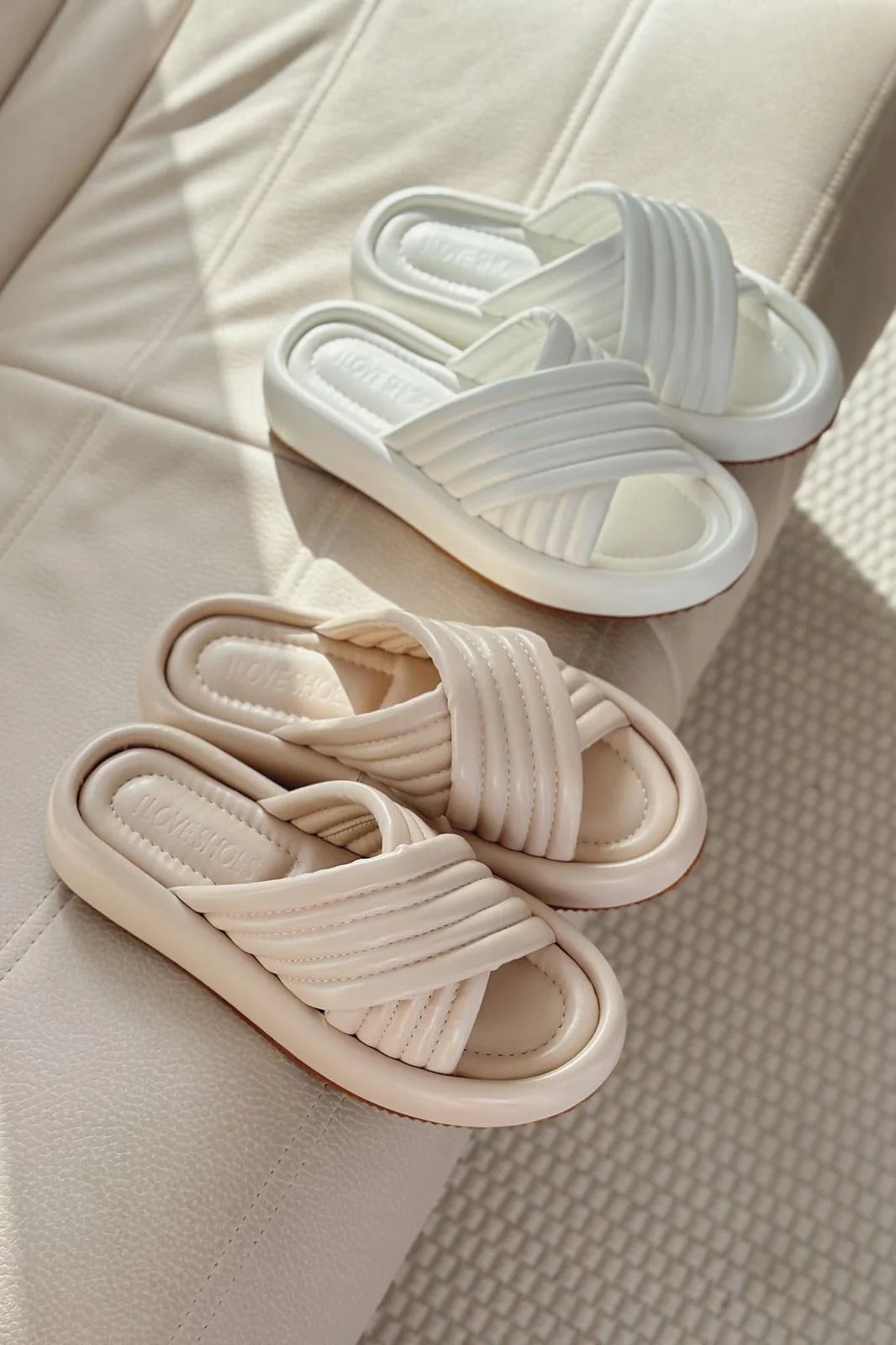 Zayten Beige Faux Leather Women's Cross-Strap Slides