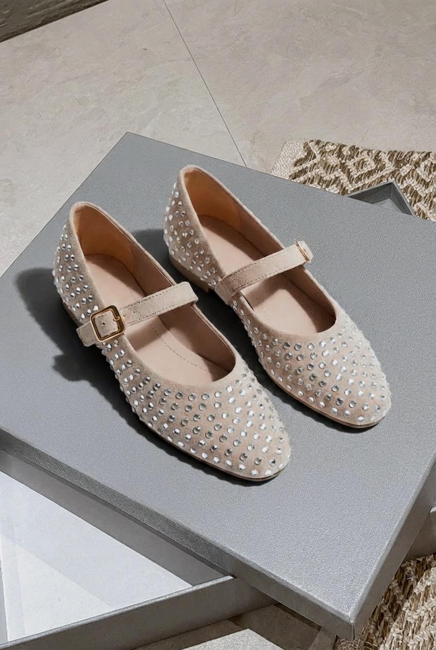 Orion Beige Suede Stone-Embellished Women's Flats