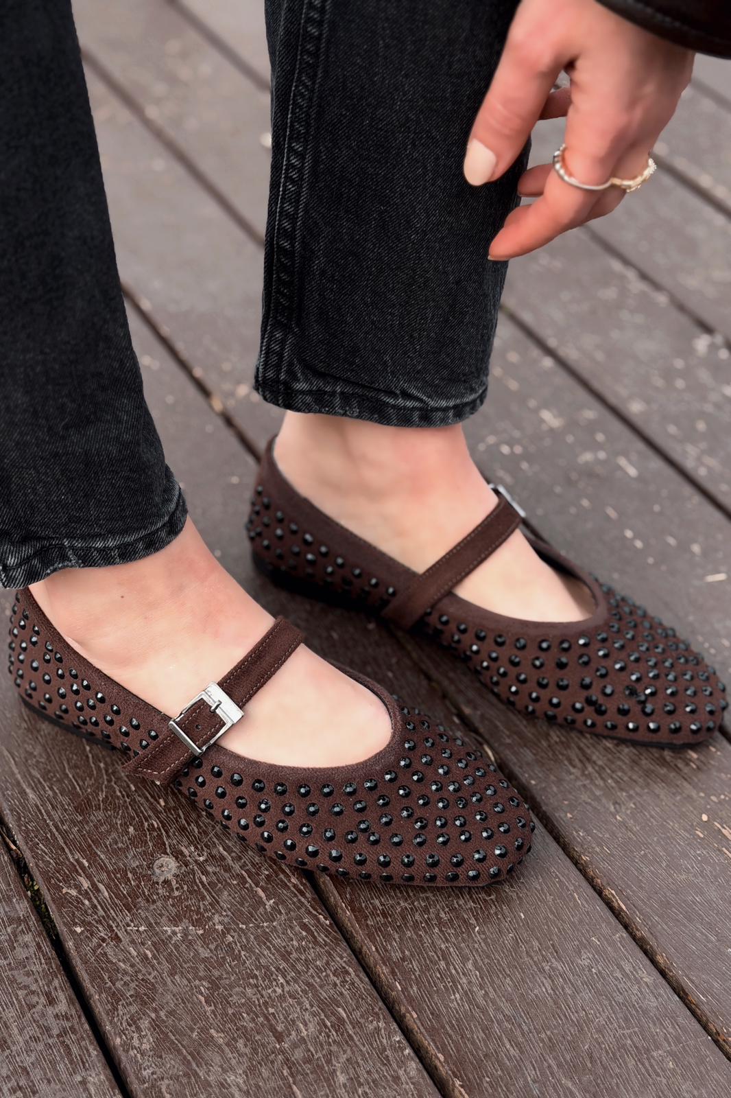 Orion Dark Brown Suede Stone Detail Women's Flats