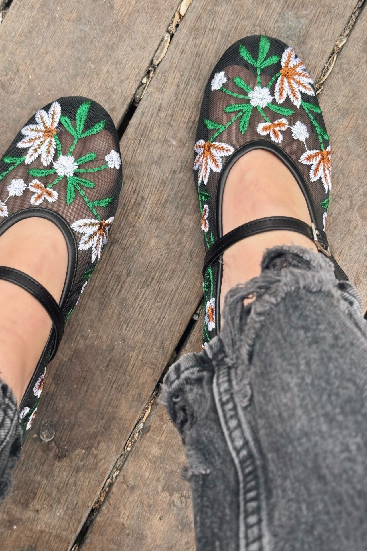 Krysol Embroidered Black Mesh Flats