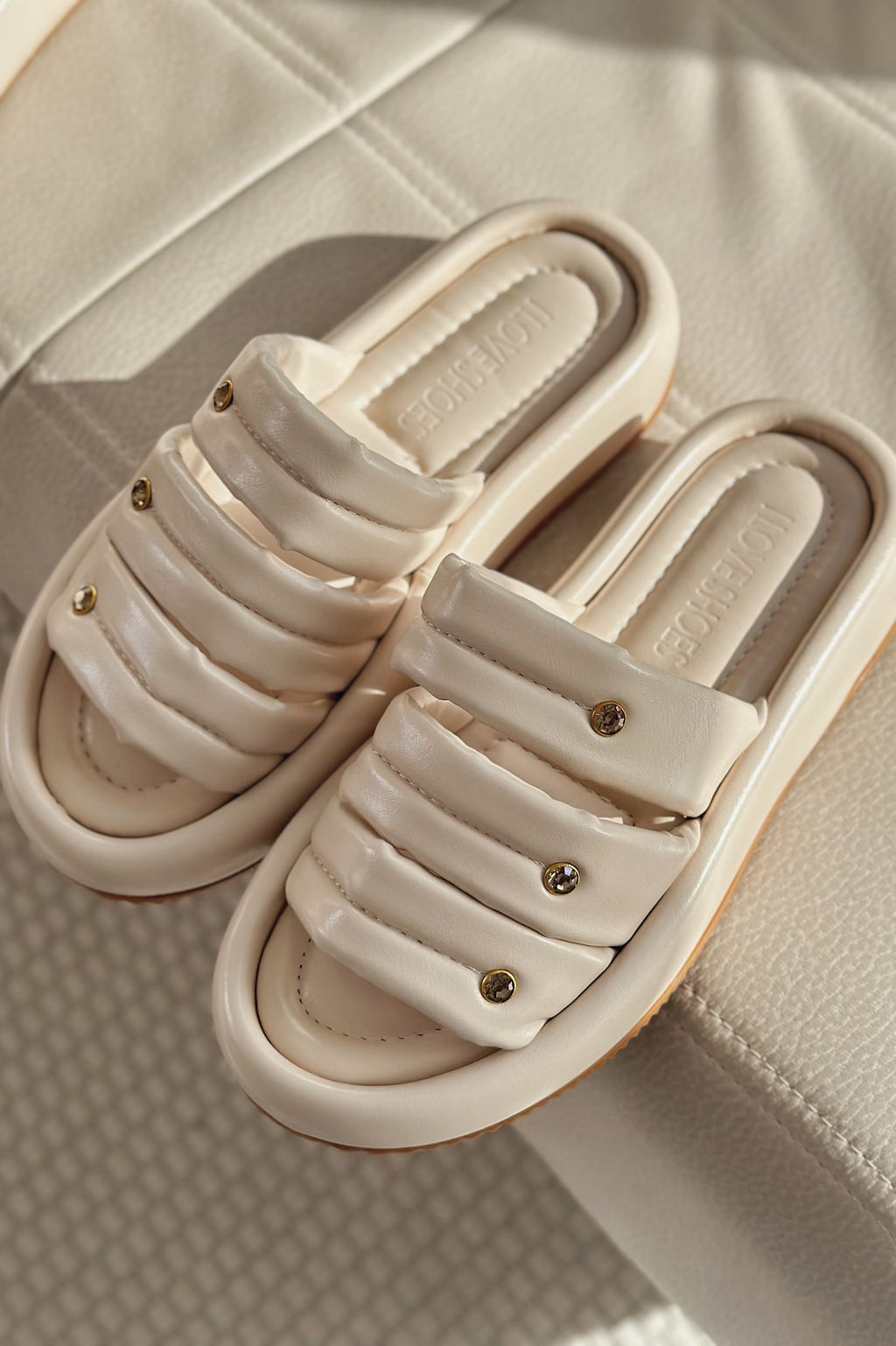 Laursa Beige Faux Leather Stone-Embellished Women's Slides