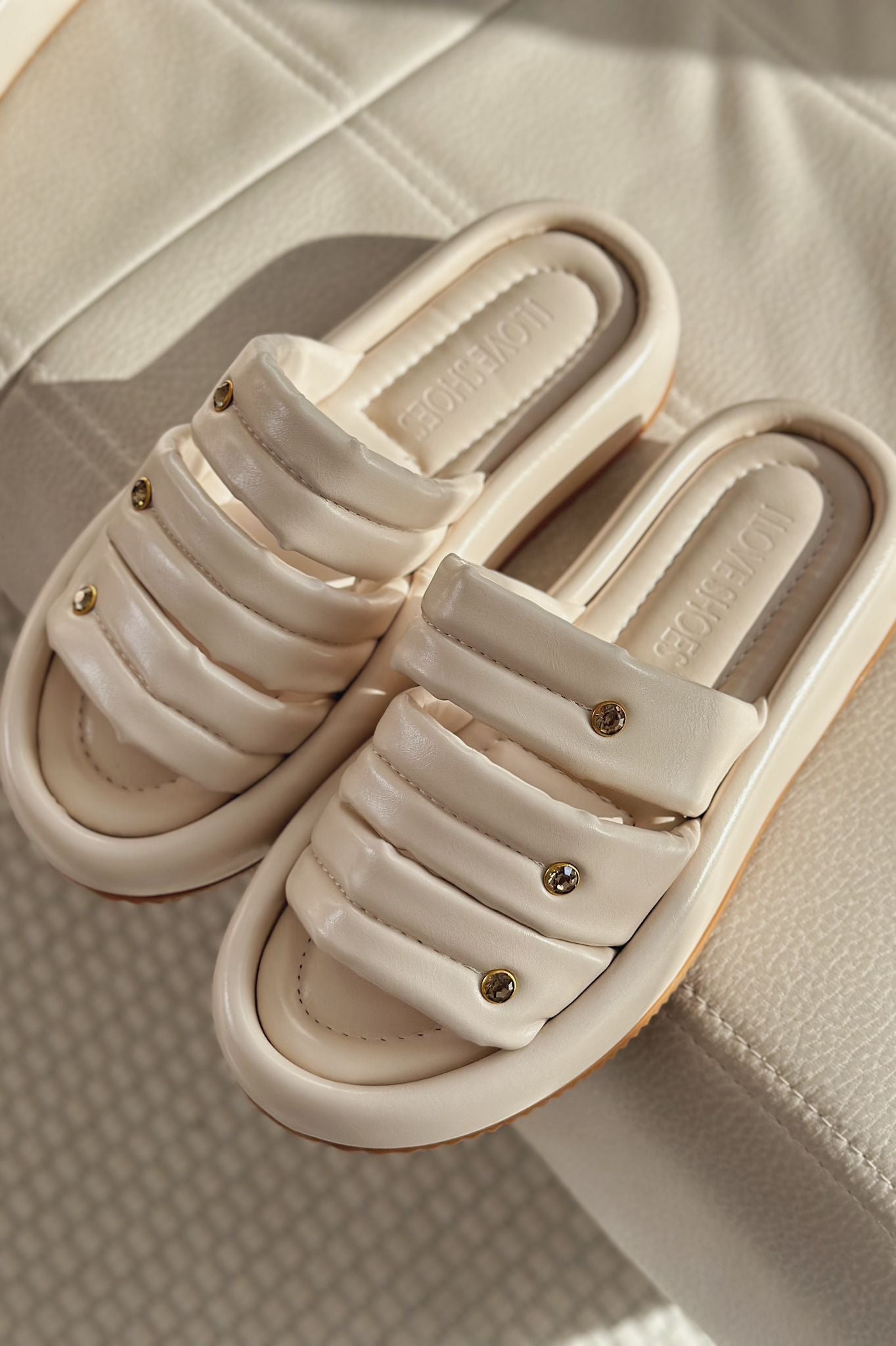 Laursa Beige Faux Leather Stone-Embellished Women's Slides