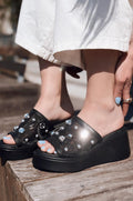Palien Black Faux Leather Studded Wedge Heel Women's Mules