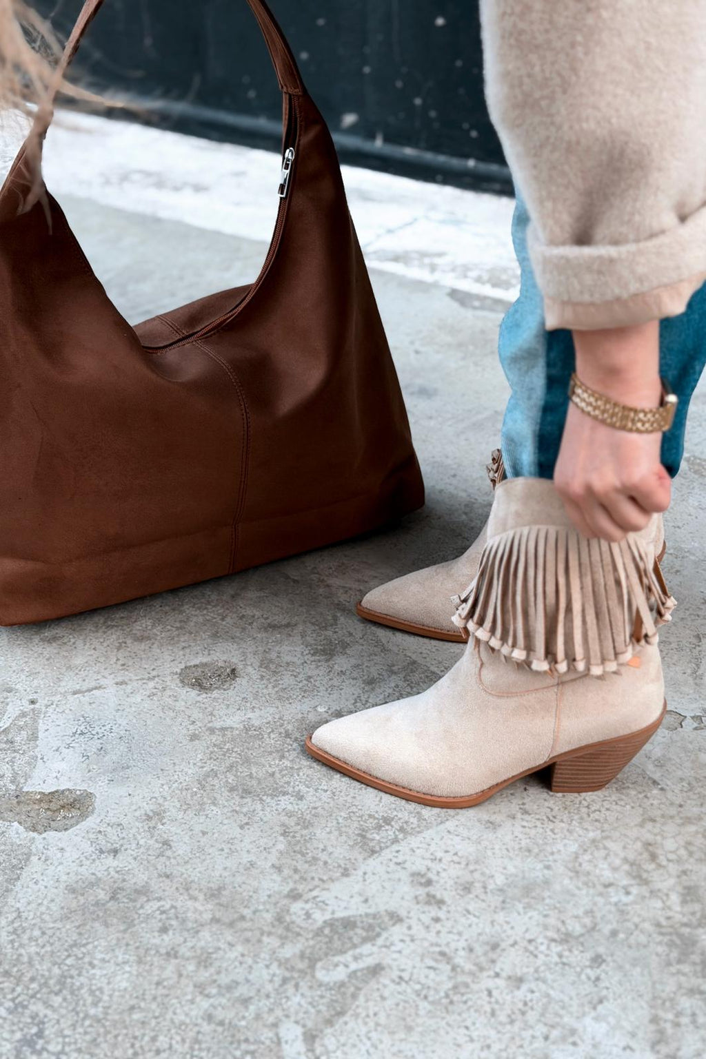 Iserne Beige Suede Fringe Women's Cowboy Boots