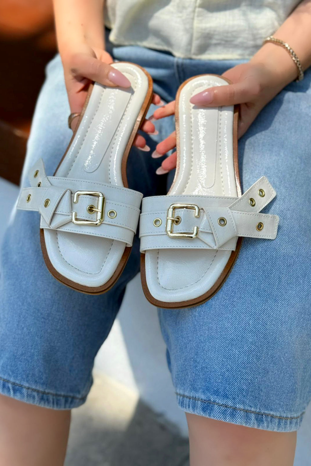 Samaris Beige Patent Faux Leather Buckle Detail Women's Mules