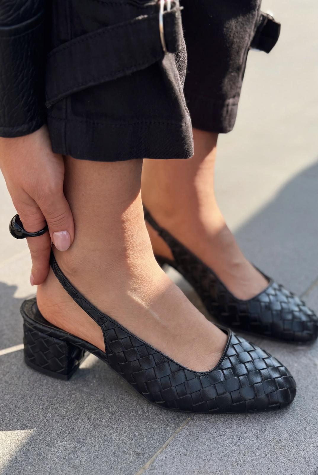 Solen Black Faux Leather Woven Detail Women's Mary Jane